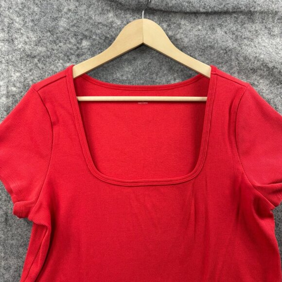 Old Navy Top Womens Plus 2X Red Ribbed Square Neck Short Sleeve Cotton Stretch - Picture 4 of 8